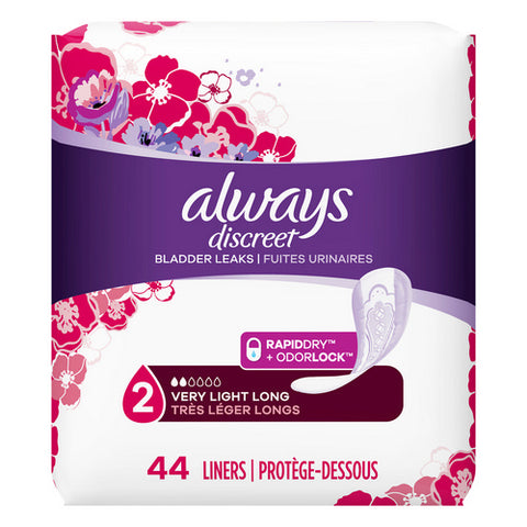 Always Discreet, Discreet Bladder Leak Liners Rapiddry Plus Odorlock 2 Absorbency Very Light Long, 44 Count (Case Of 3)