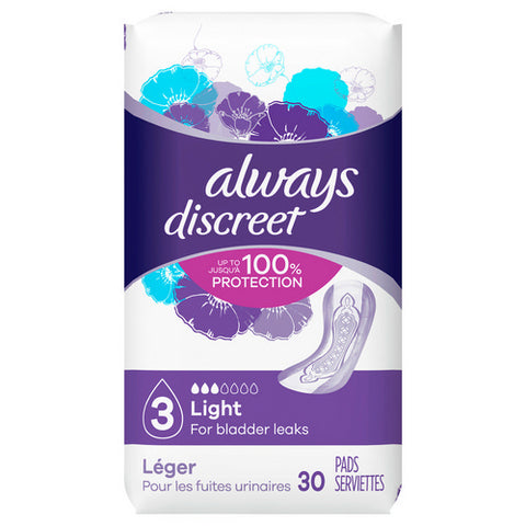Always Discreet, Discreet Bladder Leak Pads 3 Absorbency Light Lightly Scented, 30 Count (Case Of 3)