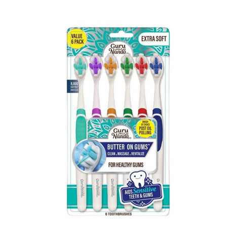 Gurunanda, Adult Toothbrush Extra Soft Bristles Butter On Gums, 6 Count