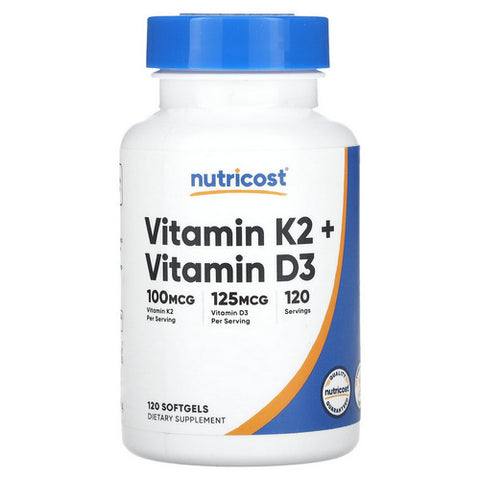 Nutricost, Vitamin K2 + Vitamin D3 Softgels, 100 Mcg/5000 IU, 120 Count