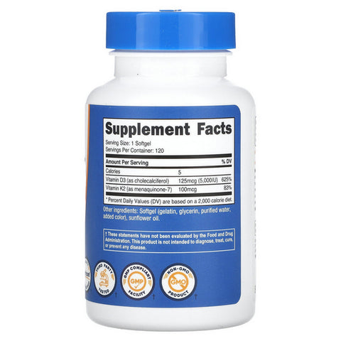 Nutricost, Vitamin K2 + Vitamin D3 Softgels, 100 Mcg/5000 IU, 120 Count