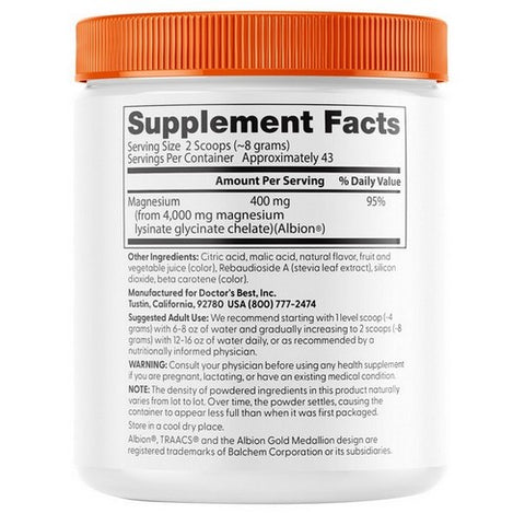 Doctors Best, High Absorption Magnesium Powder Lysinate Glycinate Fruit Punch, 340 Grams