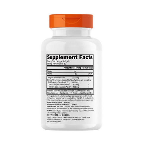 Doctors Best, Vegan Omega-3 EPA + DHA, 2000 Mg, 60 Veg Softgels