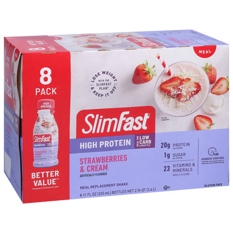 Slim Fast, High Protein Strawberries And Cream Meal Replacement Shake, 8 Count (Case Of 3)
