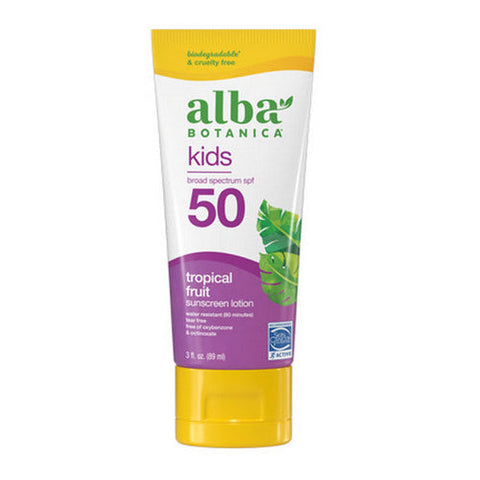 Alba Botanica, Kids Sunscreen Lotion SPF 50 Tropical Fruit, 3 Oz