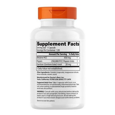 Doctors Best, Betaine HCL Pepsin & Gentian Bitters, 120 Caps