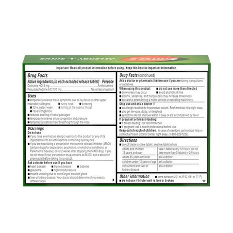 Tylenol, Zyrtec-D Allergy And Congestion, Extended Release Tablets 24 tabs