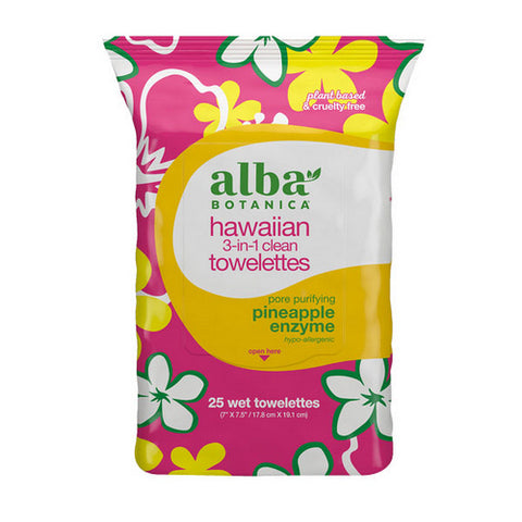 Alba Botanica, Hawaiian 3-In-1 Towelettes Pineapple Enzyme, 25 Count (Wet Towelettes)