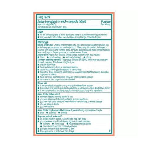 Bayer, Low Dose Aspirin Chewable Tablets Orange Flavored, 81 mg, 108 Tabs