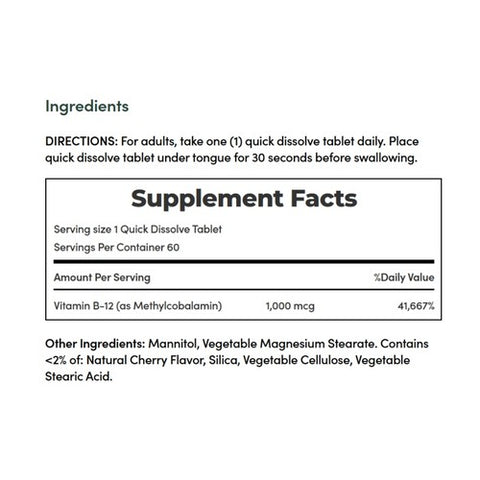 Nature's Bounty, B-12 Methylcobalamin, 1000 mcg, Natural Cherry Flavor 60 Tabs