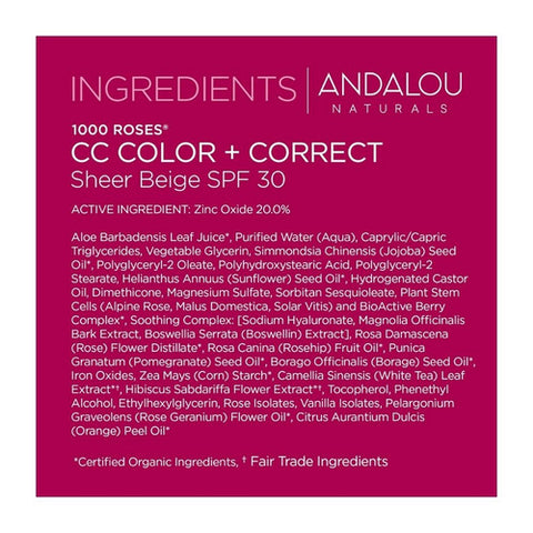 Andalou Naturals, 1000 Roses CC Color + Correct Sheer Beige SPF 30, 2 Oz