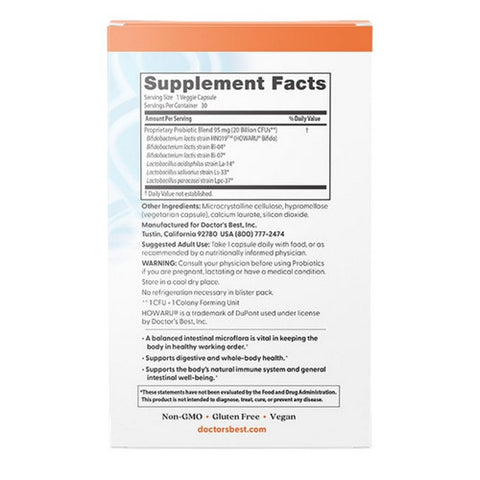 Doctors Best, Digestive Probiotic 20 Billion CFU, 30 Veggie Caps