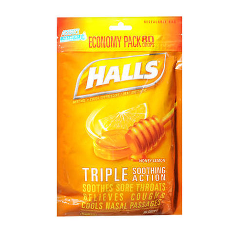 Halls, Menthol Cough Suppressant Oral Anesthetic Drops, Honey-Lemon 80 Each