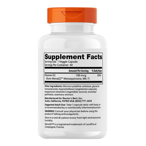 Doctors Best, Natural Vitamin K2 MK-7 with MenaQ7, 100 Mcg, 60 Veg Caps