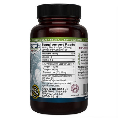 Amazing Herbs, Black Seed Black Cumin Seed Oil, 1250 mg, 60 Caps