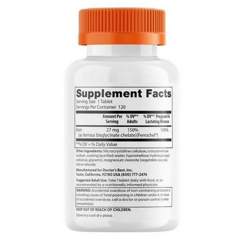 Doctors Best, High Absorption Iron with Ferrochel, 27 Mg, 120 Tabs