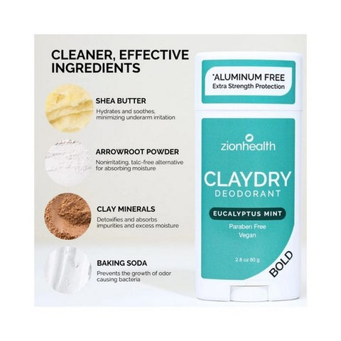 Zion Health, Clay Dry Deodorant Bold Eucalyptus Mint, 2.8 Oz