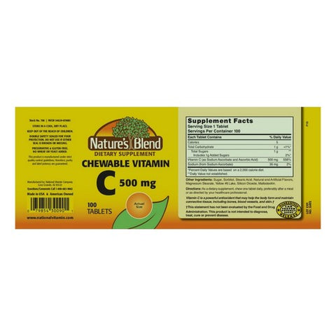 Nature's Blend, Nature'S Blend Vitamin C Chewable Tablets, 500 MG, 100 Tabs