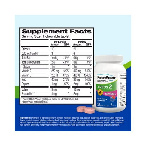 Bausch + Lomb, PreserVision Areds 2 Chewables Mixed Berry Flavor, 60 Tabs
