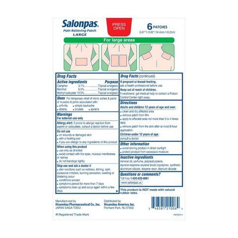 Salonpas, Pain Relieving Patches Large, 6 Each