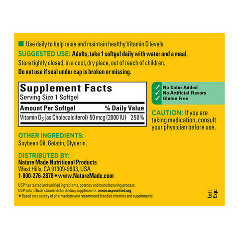 Nature Made, Nature Made Vitamin D3 Softgels, 2000 IU, 250 Caps