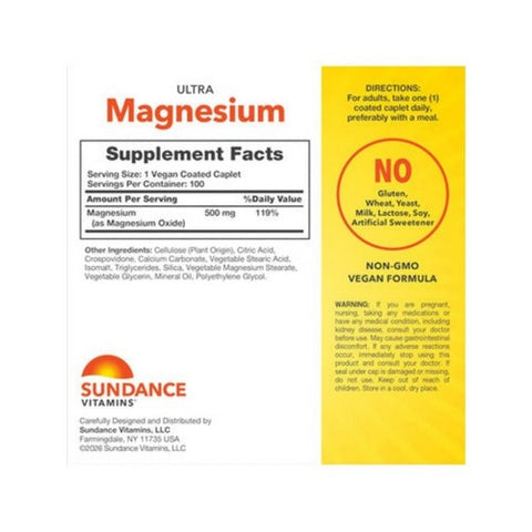 Sundance, Ultra Magnesium Coated Caplets, 500 mg, 100 Tabs