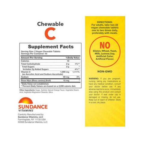 Sundance, Vitamin C Chewable Tablets Natural Orange Flavor, 500 mg, 90 Tabs
