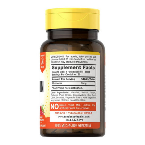 Sundance, Vitamins Melatonin Tablets Natural Berry Flavor, 3 mg, 60 Tabs