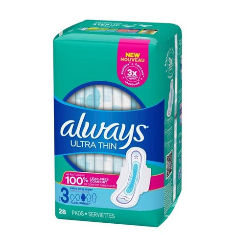 Always Discreet, Always Ultra Thin Pads With Flexi-Wings Extra Long Super Absorbency Size 3, 28 Each