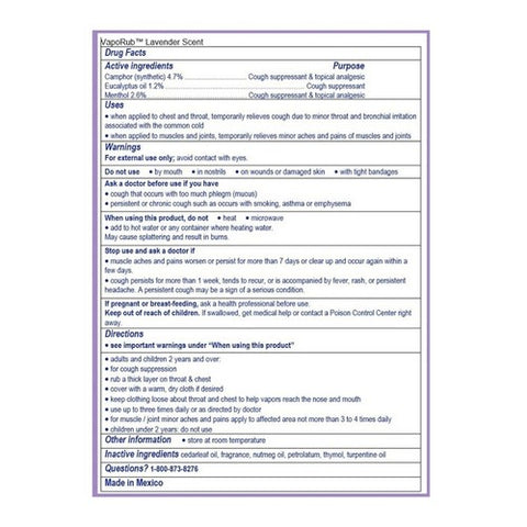 Vicks, Vaporub Cough Suppressant Topical Analgesic Ointment Lavender Scent, 1.76 Oz
