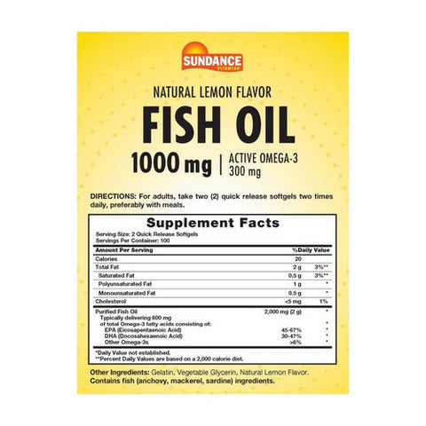 Sundance, Vitamins Fish Oil - Omega-3 Softgels Natural Lemon Flavor, 1000 mg, 200 Caps