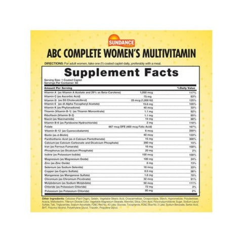 Sundance, ABC Complete Women'S Multivitamin & Mineral Formula Coated Caplets, 60 Tabs