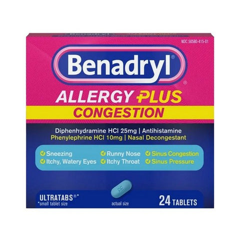 Benadryl, Allergy Plus Congestion Tablets, 24 Tabs