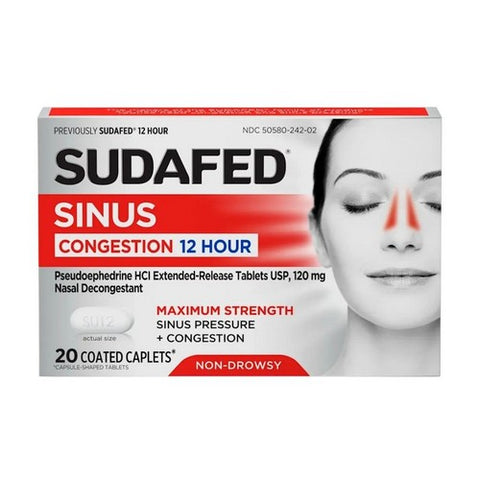 Sudafed Pe, Sudafed 12 Hour Sinus Pressure + Congestion Coated Caplets, 20 Tabs