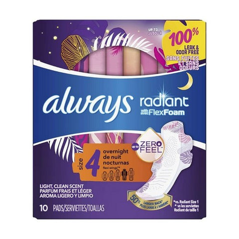 Always Discreet, Always Radiant Pads With Flexi-Wings Overnight Flow Light Clean Scent, 10 Each