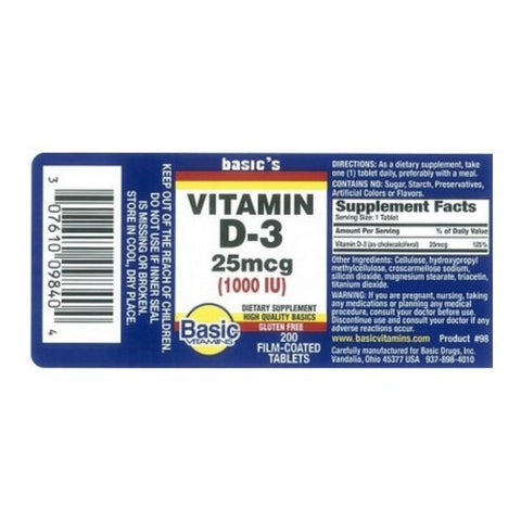 Basic Vitamins, Vitamin D-3, 1000 IU, 200 Tabs