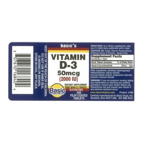 Basic Vitamins, Natural Vitamin D-3, 2000 IU, 200 Coated Tablets