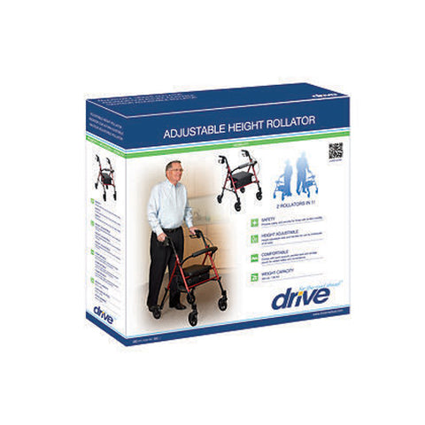Drive Medical, 4 Wheel Rollator drive Red Adjustable Height Aluminum Frame, Red 1 Each
