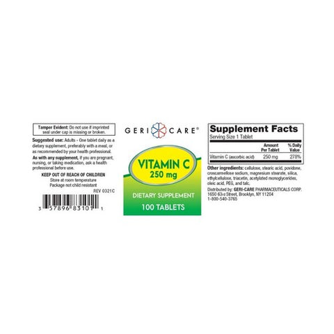 McKesson, Vitamin C Supplement Geri-Care Ascorbic Acid 250 mg Strength Tablet 100 per Bottle, 100 Tablets