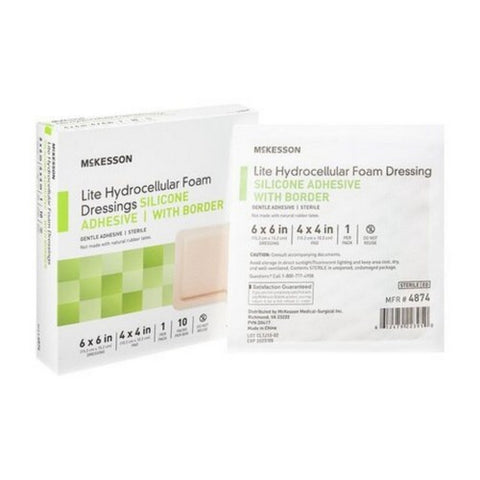 McKesson, Thin Foam Dressing 6 X 6 Inch With Border Film Backing Silicone Gel 4874, 1 Sterile