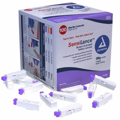 Dynarex, Lancet SensiLance Safety Lancet Needle 1.8 mm Depth 28 Gauge Push Button Activated, Case Of 10