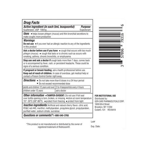 Gericare, Cold and Cough Relief Geri-Care  100 mg / 5 mL Strength Liquid 16 oz., 16 Oz