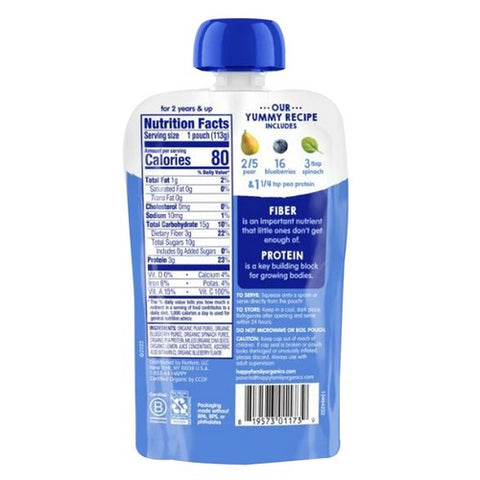Happy Tot, Fiber And Protein Organic Pears Blueberries And Spinach Baby food, 4 Oz(Case Of 16)