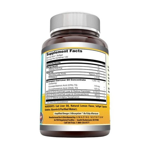 Amazing Nutrition, Amazing Omega Norwegian Cod Liver Oil, 1250 mg, Fresh Lemon 120 Softgels