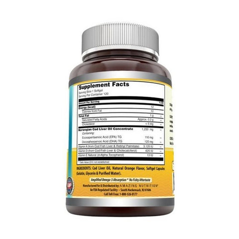 Amazing Nutrition, Amazing Omega Norwegian Cod Liver Oil, 1250 mg, Fresh Orange 120 Softgels