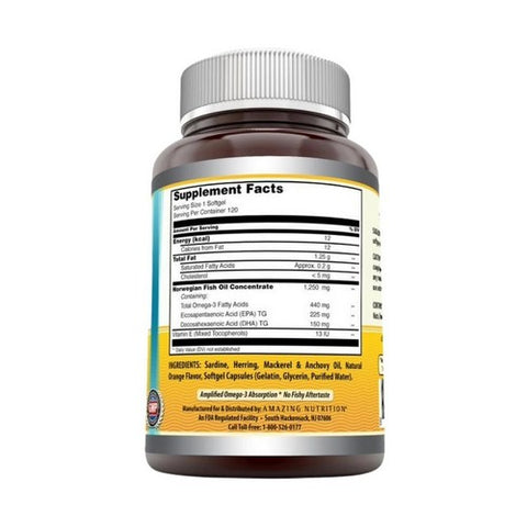 Amazing Nutrition, Amazing Omega Norwegian Fish Oil, 1250 mg, Orange 120 Softgels