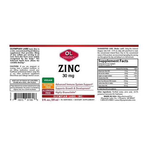Olympian Labs, Liquid Zinc Concentrate With Ionic Trace Minerals, 30 Mg, 2 Oz