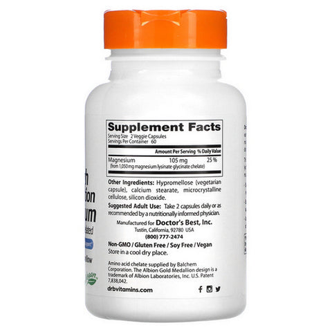 Doctors Best, High Absorption Magnesium Lysinate Glycinate 100% Chelated, 105 Mg, 120 Veg Caps