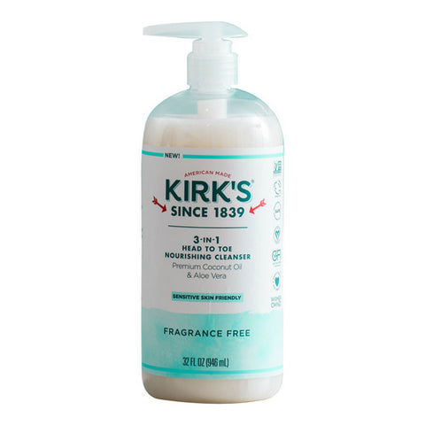 Kirk's Natural Products, 3-In-1 Head to Toe Nourishing Cleanser Fragrance-Free, Original, 32 oz