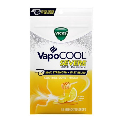 Crest, Vicks VapoCool Severe Menthol Oral Anesthetic Drops Honey Lemon Chill, 18 Count
